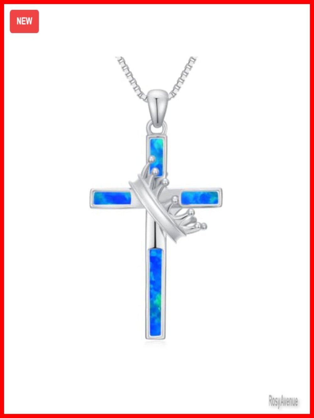Simulated Opal Cross Crown Pendant Necklace Adjustable 18+2" Hypoallergenic